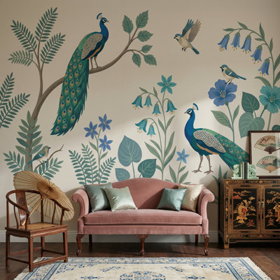 Papier peint paon, oiseaux botaniques