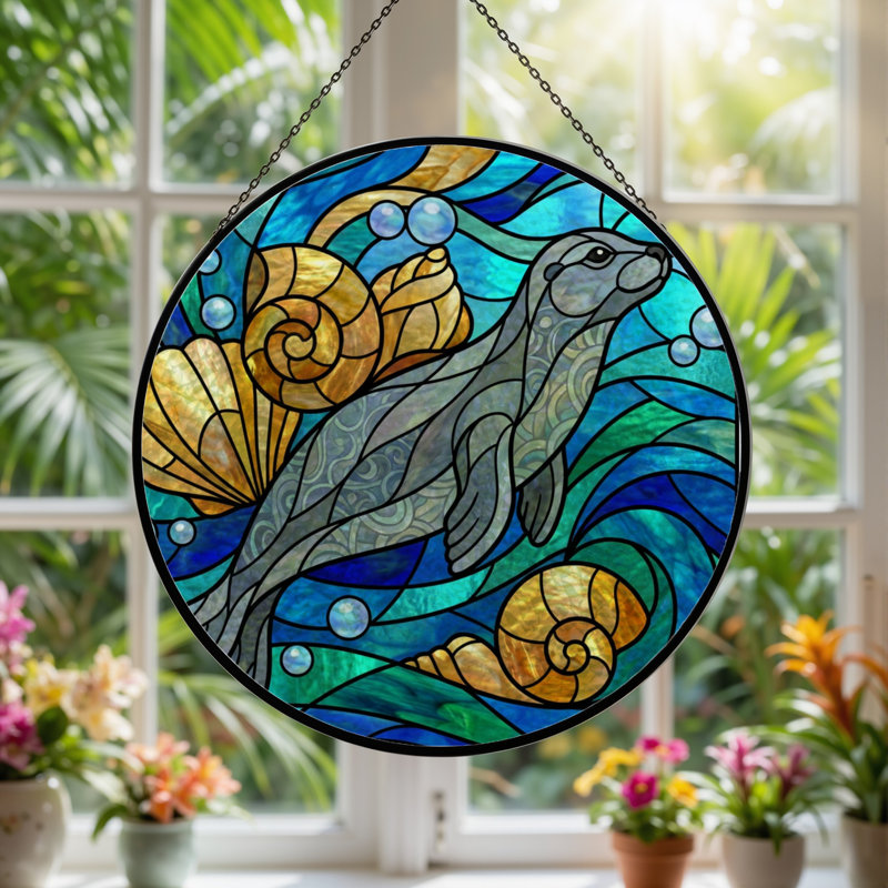 Vitrail de vitrail H 7,8 "Sea Life, H 7,8 po x l 7,8 po
