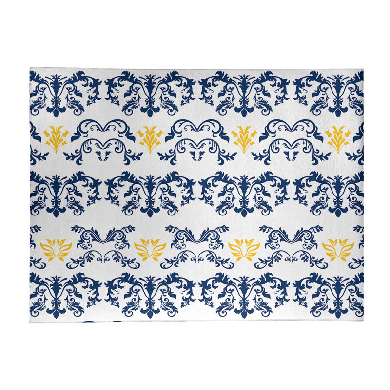 Tapis damassé blanc / bleu marine, Rectangle 9 pi x 12 pi