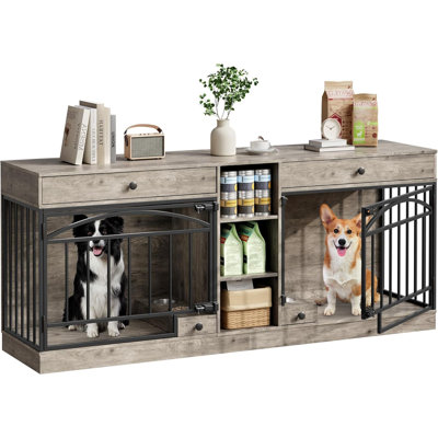 Double Dog Crate Furniture for 2 Dogs, Indoor Dog Kennel with Storage Drawers & Feeding Bowls, Small to Medium Dog TV Stand