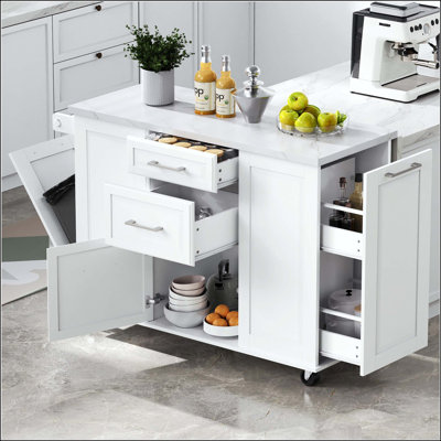 Îlot de cuisine 50,7 po avec armoire à poubelle, organisateur coulissant et abattant