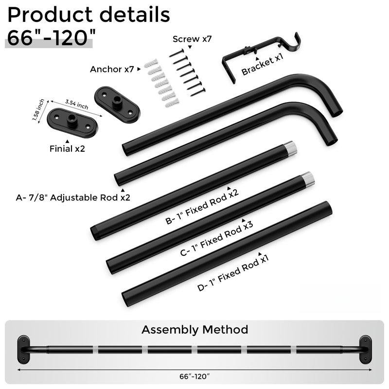 Tringle à rideau enroulable ajustable de 1 po de diamètre robuste, noire, 66 à 120 po, Noir, 66" - 120"