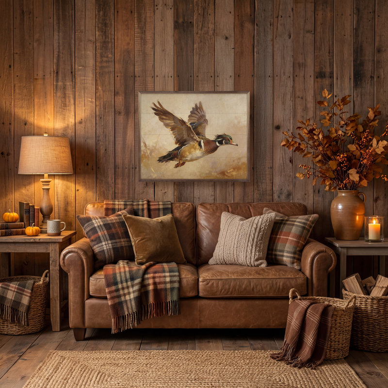 Canard en bois en vol, lumière d'automne, H 8 po x l 10 po