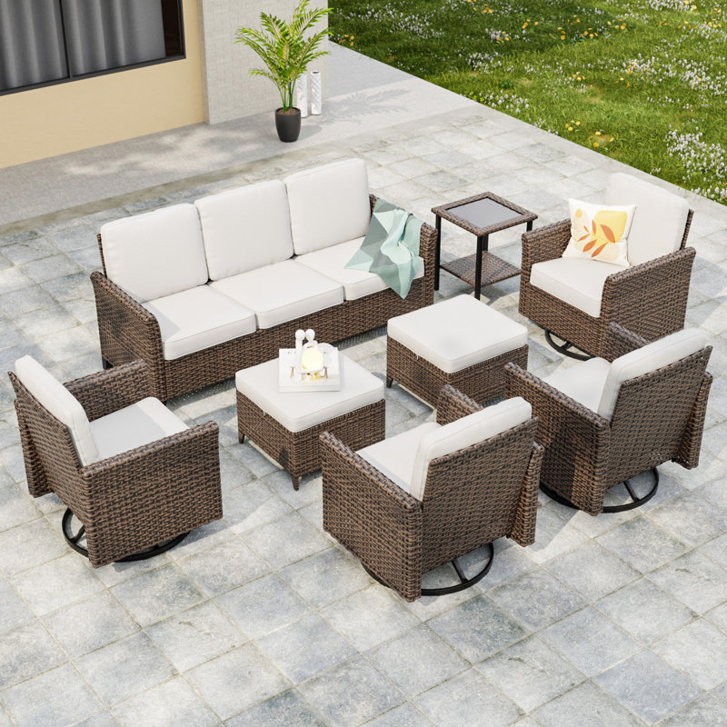 Ensemble de conversation 8 pièces pour 7 personnes avec 7 chaises en rotin et osier, Beige