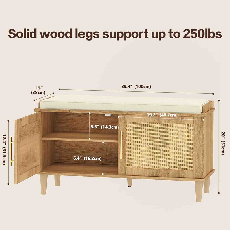 Rattan Shoe Storage Bench with Cushion