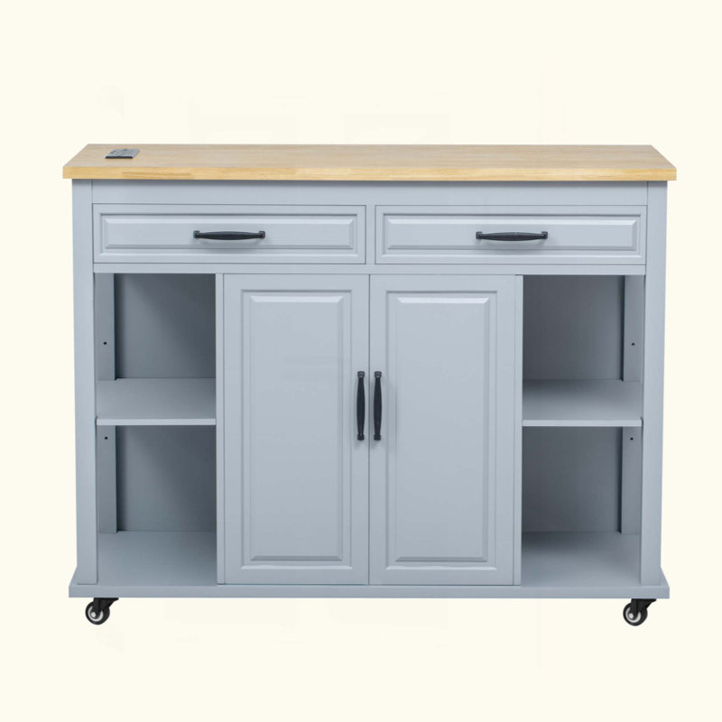 Kitchen Island With Extendable Dining Table, Rubber Wood Veneer Kitchen Table With Internal Storage Rack, Power Outlet, Kitchen Island With Storage 2 Drawers 2 Cabinet
