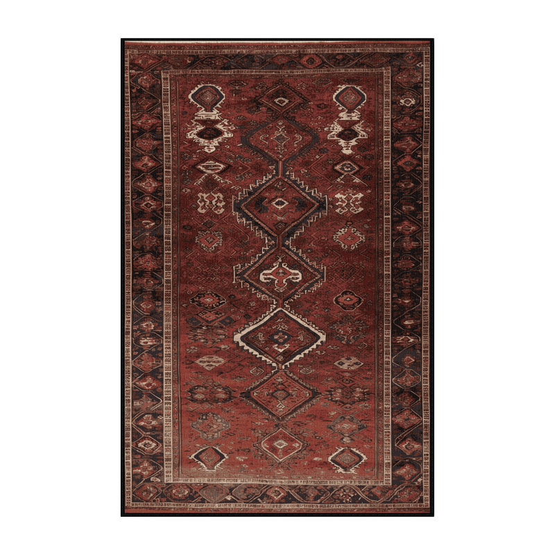 Machine Washable Persian Black Area Rug, Rectangle 4' x 6'