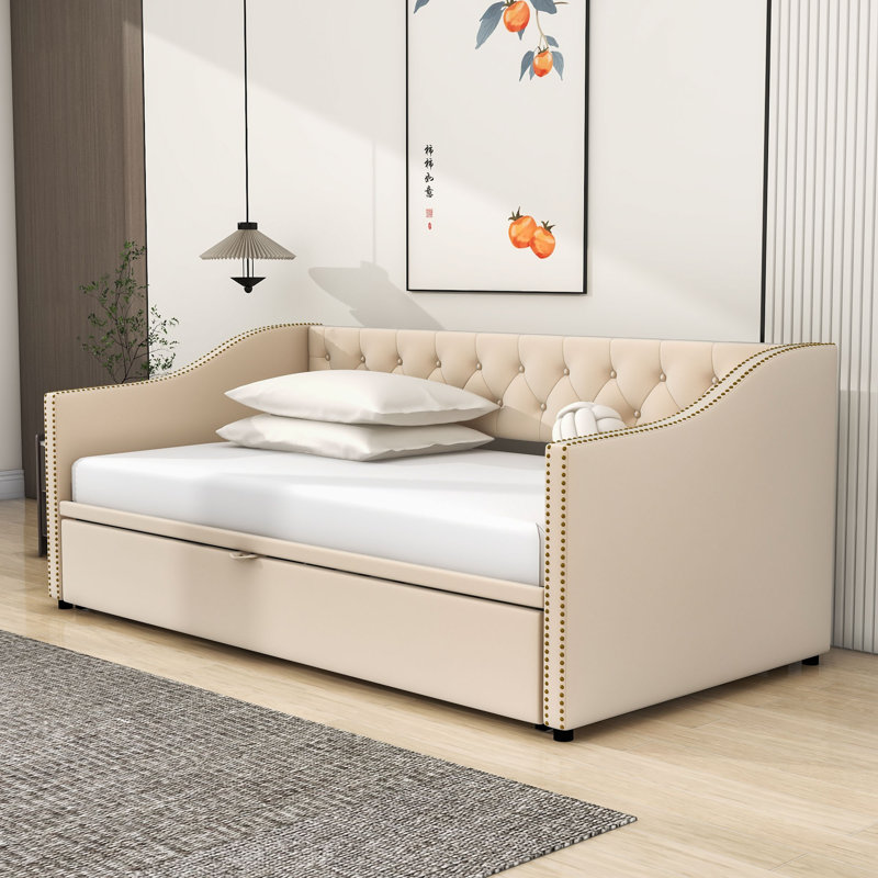 Twin Wood Upholstered daybed with Twin Trundle, Beige