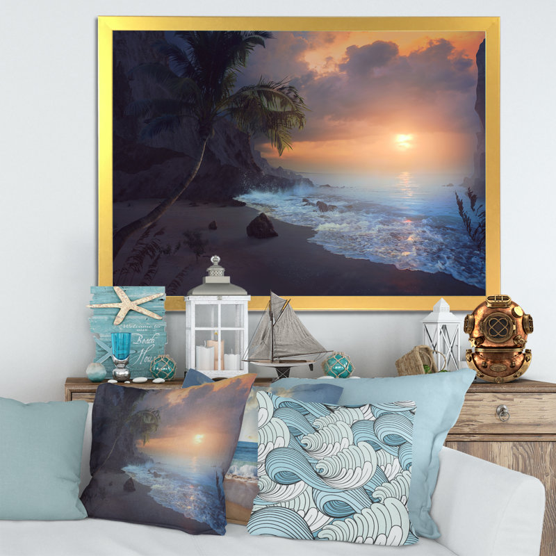 Sunrise Peaceful Beach - Art nautique et côtier sur toile, H 8 po x l 12 po x P 1 po, Cadre doré