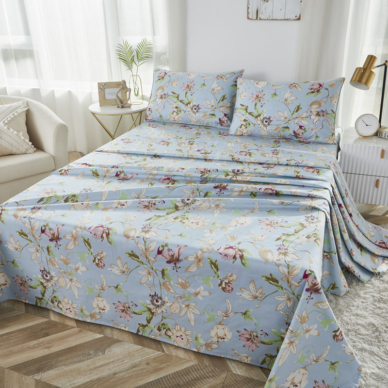 Literie 100 % coton égyptien, 4 pièces, style vintage classique luxueux, motif floral coloré bleu clair, draps doux et respirants, cadeau de Noël.