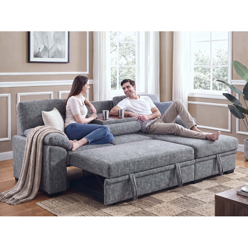 Canapé d'angle convertible avec méridienne de rangement et port de chargement USB, Light Grey Chenille, Right Hand Facing