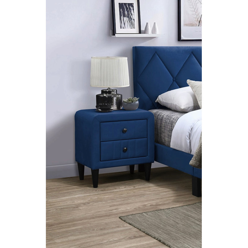 Navy Blue Color Velvet Gorgeous 1Pc Nightstand Bedside Table 2X Drawers Bedroom Furniture Sleek Design Tempered Legs