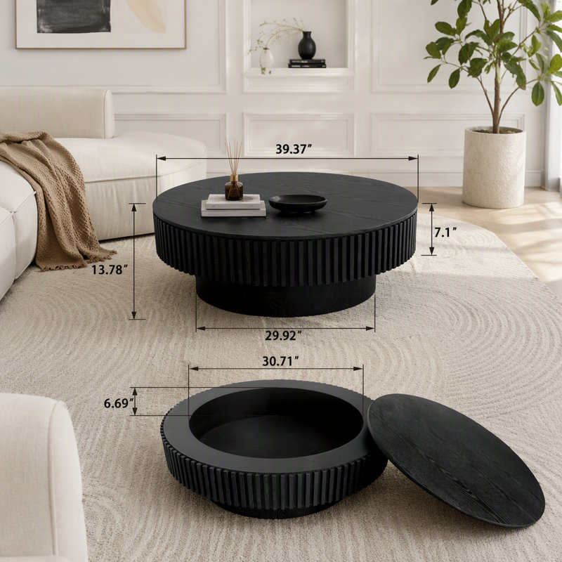 Table basse ronde avec rangement dissimulé, 55 lb, Noir