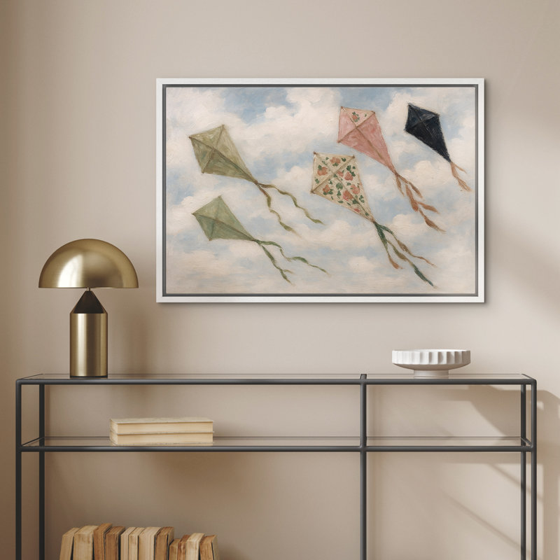 «Vintage Flying Kites Whimsical Kids Room Decor», reproduction d'art sur toile encadrée, H 16 po x l 24 po, Blanc