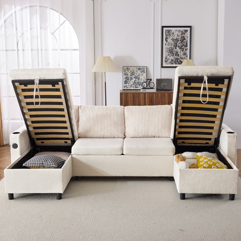 Canapé-lit modulaire polyvalent avec rangement de 111,8 po, Chenille beige