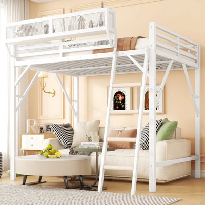 Queen Size Loft Bed With Ladder, Metal Queen Loft Bed With Storage Shelves, High Loft Bed
