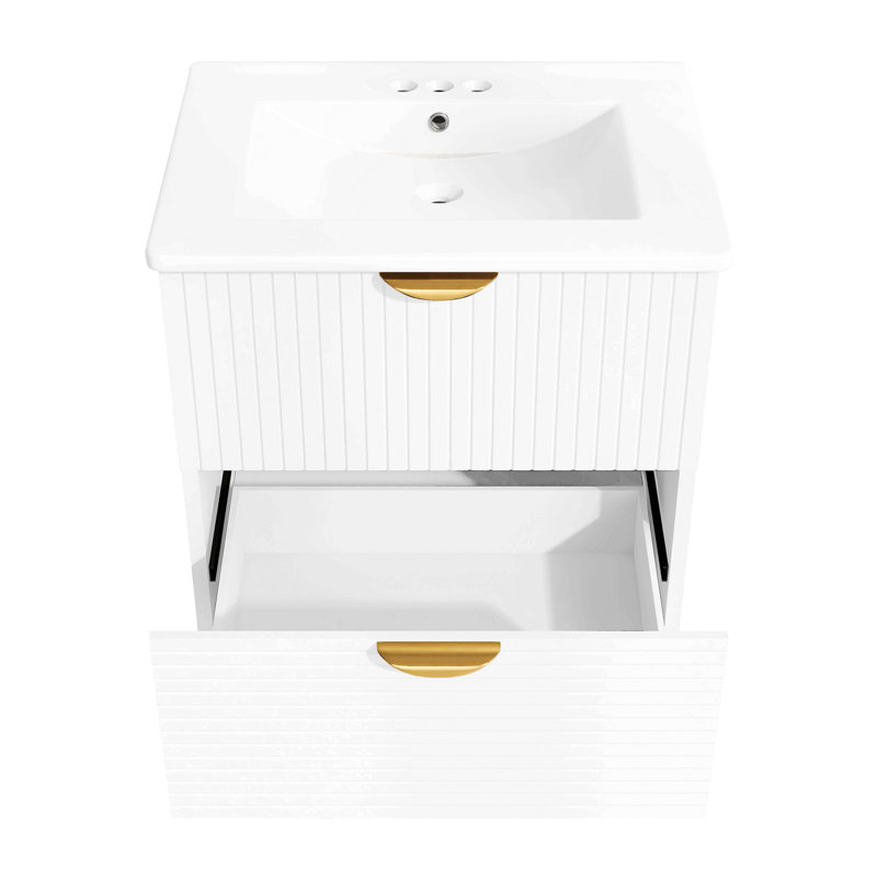 Meuble-lavabo mural moderne de 24 pouces avec 2 tiroirs, idéal pour les petites salles de bain, Blanc
