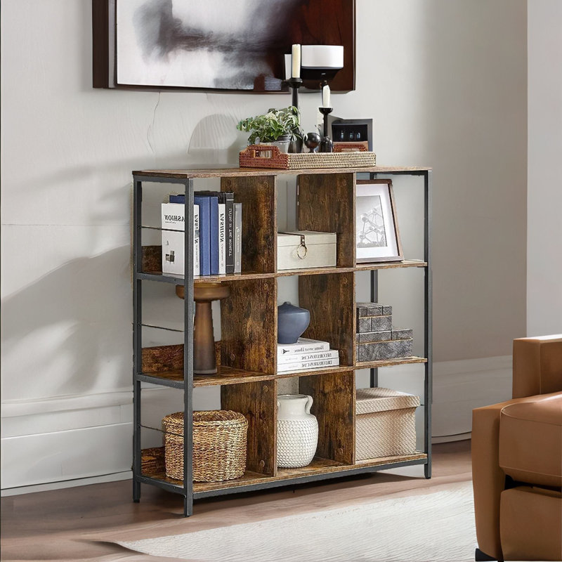 Alfonse 30cm H x 100cm W Cube Bookcase Shelves Industrial Rustic Brown Furniture