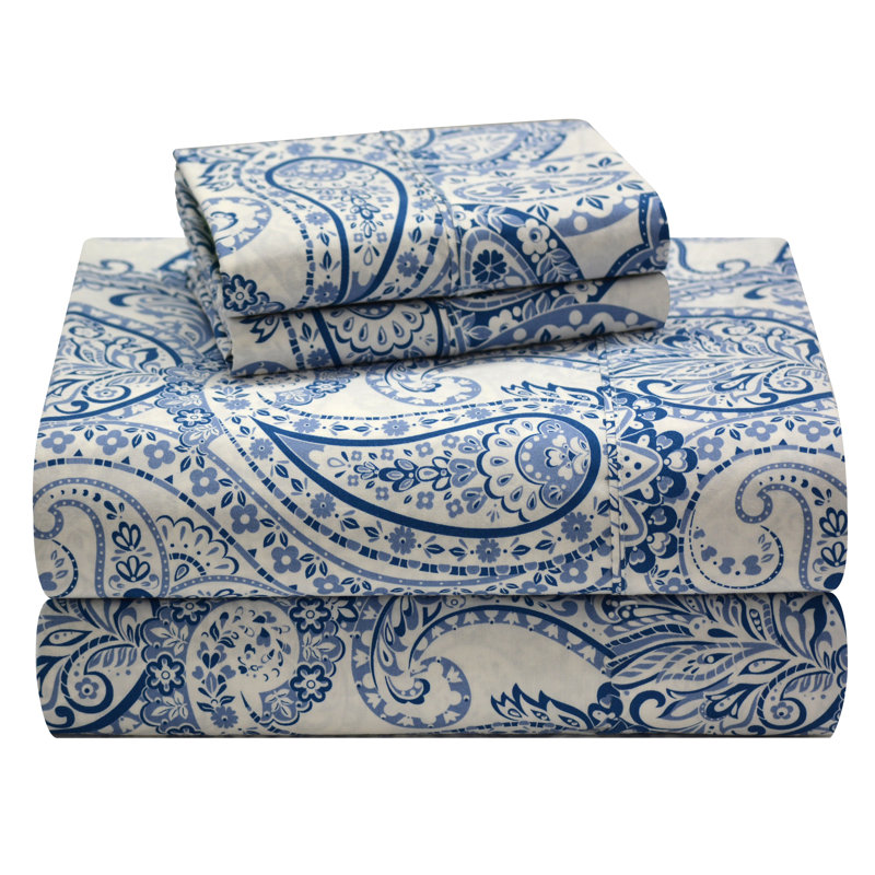 Ensemble de draps 100% coton Pointehaven, Blue Paisley, Queen Sheet Set