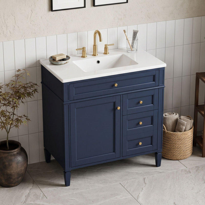 Meuble-lavabo avec lavabo supérieur, 2 tiroirs et tablette, Bleu