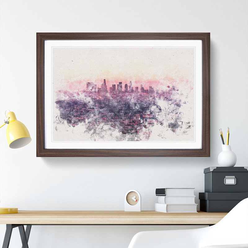 Los Angeles Skyline in the Morning Watercolour - Picture Frame Graphic Art Print, 45cm H x 63cm W x 2cm D, Walnut Framed