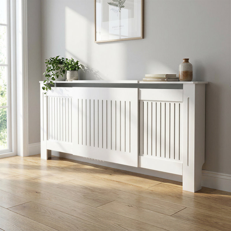 Armoire de radiateur, protecteur de radiateur décoratif réglable, fabrication en panneau de fibres à densité moyenne avec finition laquée à base d'eau, dissimulation de sécurité extensible pour plinthe et chauffage électrique, chauffage domestique