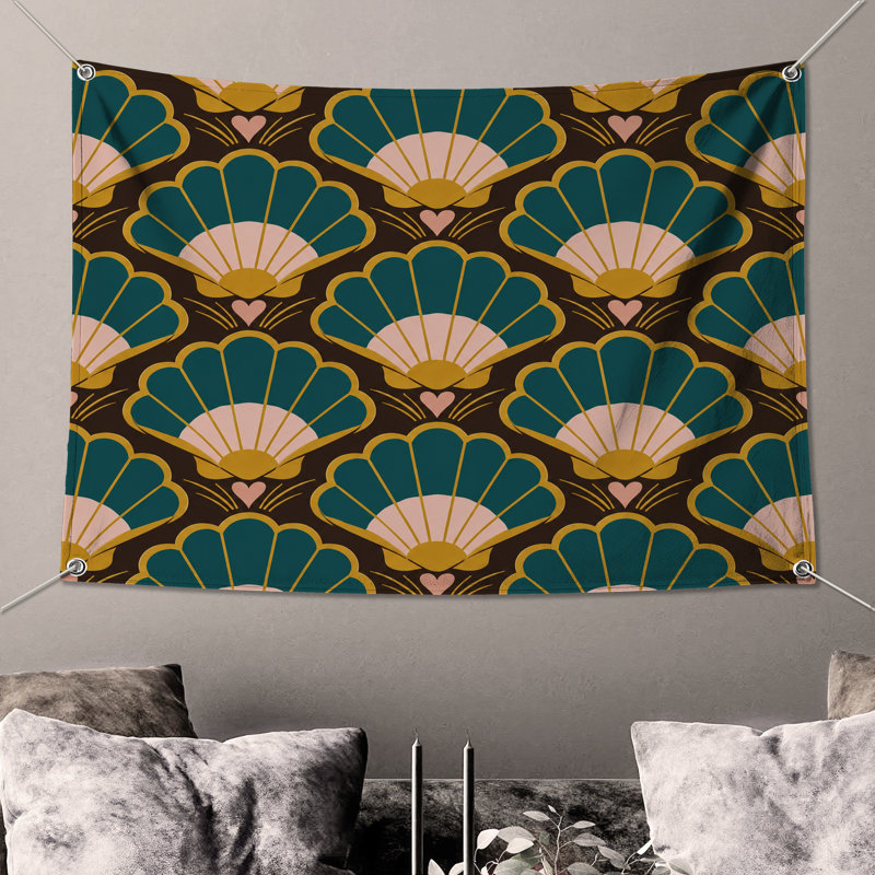 Art Deco Shell Pattern Wall Tapestry - Shells Wall Decor, 50in H x60in W with 4 Grommets