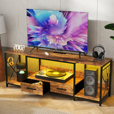 TV Stand with LED Lights Power Outlets - TV Stand with Fabric Drawers for 65 70 75 Inches TV - Entertainment Center and Industrial TV Console Table