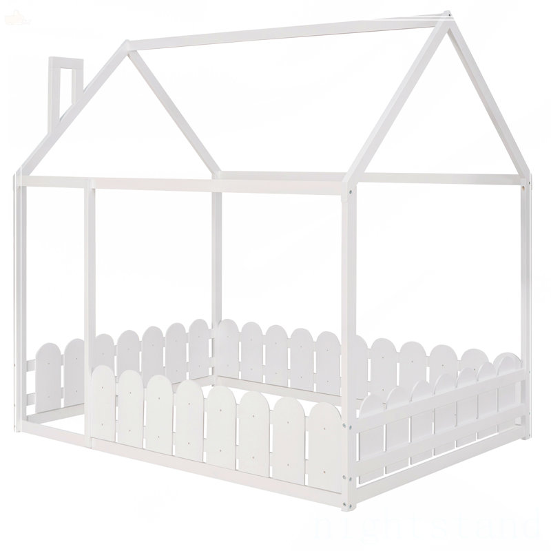 Structure de lit double en bois pleine grandeur avec clôture, Blanc