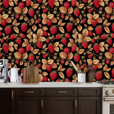 Papier peint adhésif à motif de fleurs de fraise rétro avec papier contact rouge amovible et adhésif pour armoires de cuisine de chambre à coucher 17,7 po x 118 po