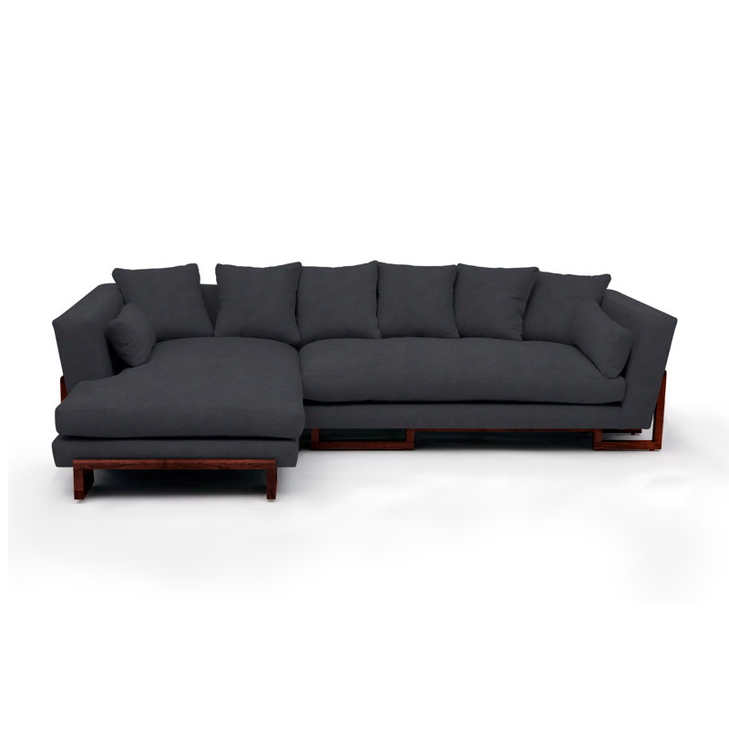 LRG Upholstered L-Shaped Sectional Left Hand Facing, Left Side Tray, Solid Walnut, Gunmetal Velvet