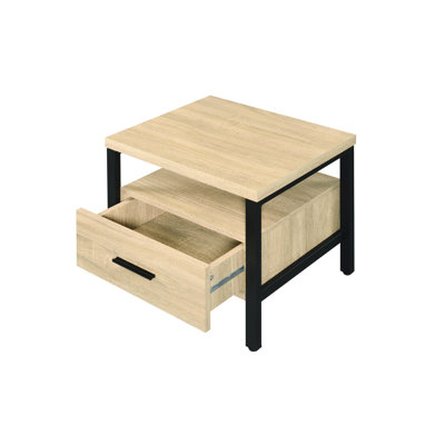 Accent Table With Oak & Black Finish, Metal Legs, 1 Storage Drawer And Open Compartment Table, Black,