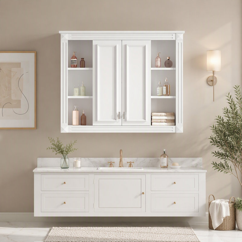 Armoire de rangement murale pour salle de bain avec charnières à fermeture douce, portes battantes et 1 tablette réglable.