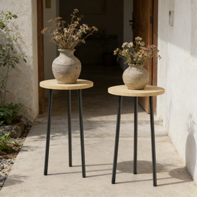 Mid-Century Modern Plant Stand 2-Pack: Triangular Wood And Metal Corner Plant Table For Indoor And Outdoor Use, Adjustable Height For Optimal Sunlight, Sturdy Design Holds Up To 150 Lbs
