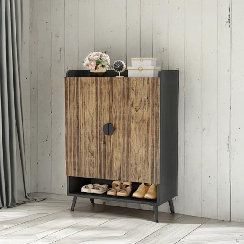 Range-chaussures en bois 29,6 po avec portes et range-chaussures à 7 niveaux, Brun / Noir