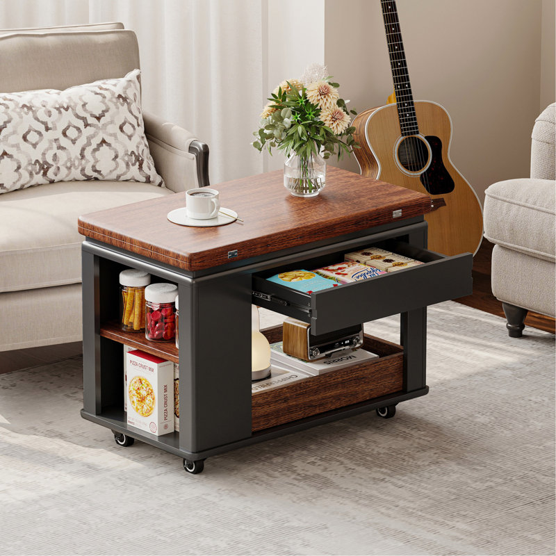 Table basse / table d'appoint moderne 27,6 po avec plateau pliable et roulettes, rangement multi-niveaux, noir et noyer, Noir