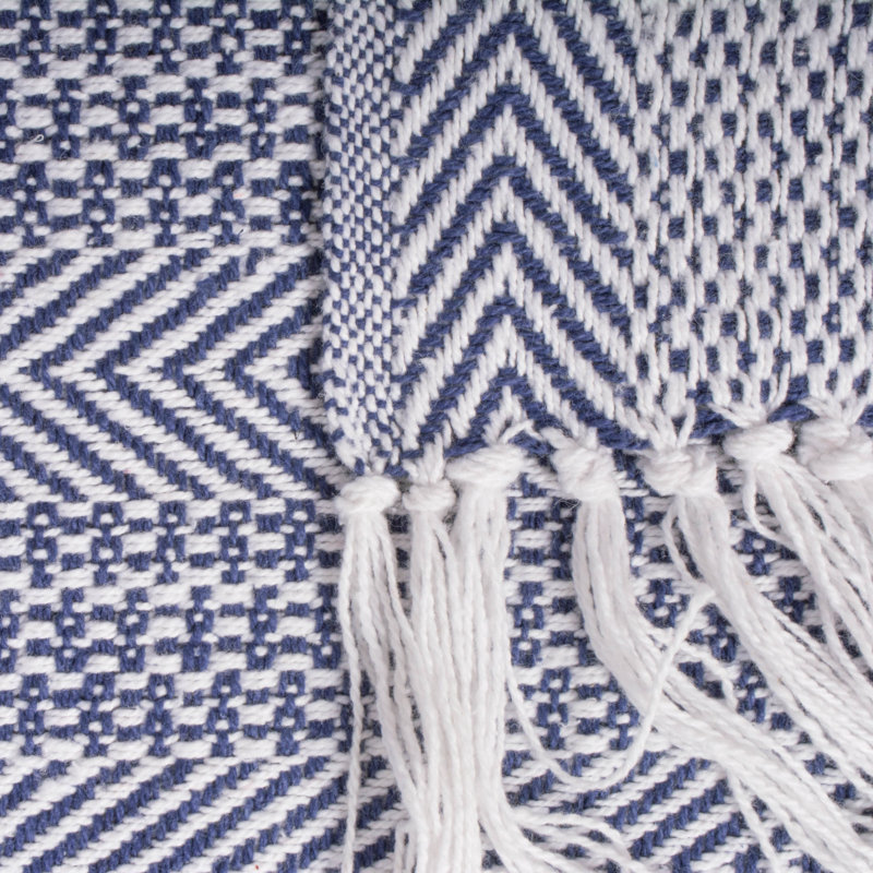 Nautical Blue Herringbone Cotton Throw Blanket with Fringe