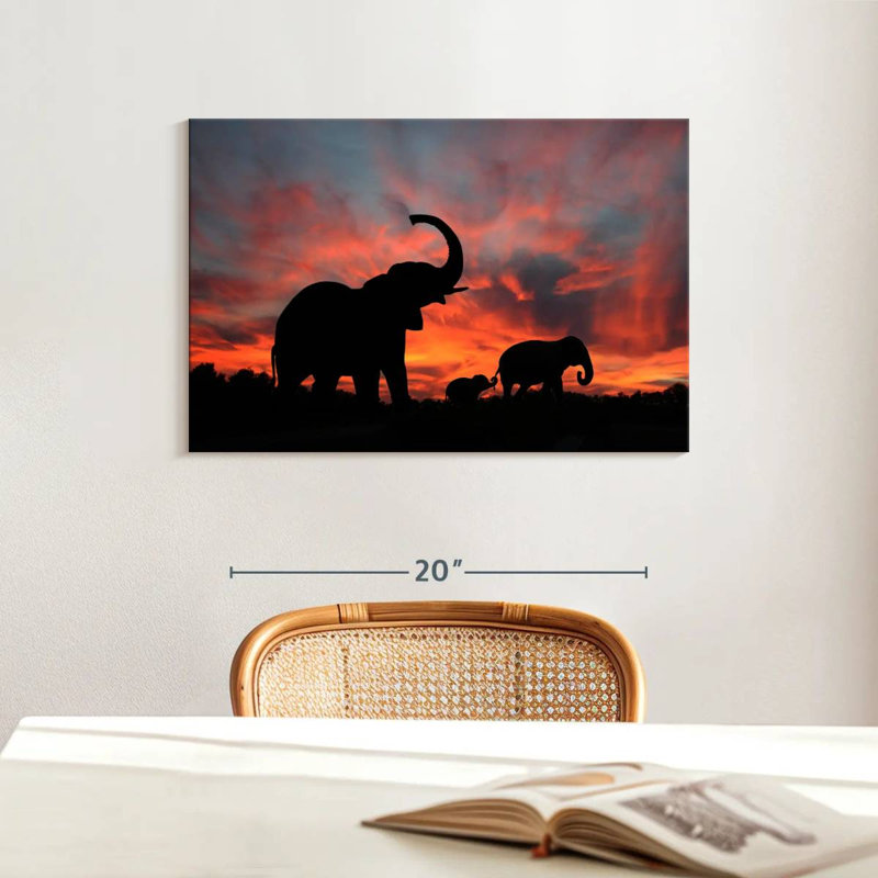 Elephant Silhouette Sunset, 16" H x 24" W