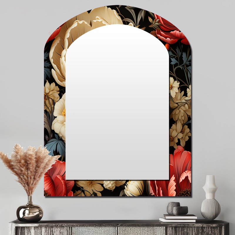 Rouge et beige élégant champ de coquelicots - grand miroir mural arqué sur métal, 43 po x 33 po