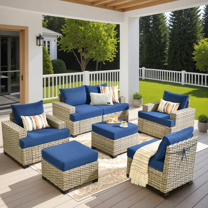 7 Piece Sofa Seating Group With Cushions, Navy
