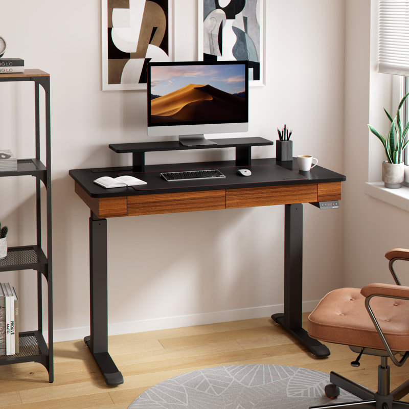 Metal Base Standing Desk with Power Outlet, 122cm H x 120cm W x 61cm D, Black/Brown