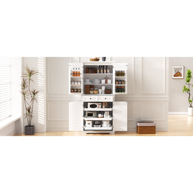 Tall Kitchen Pantry Cabinet with Pull Out Organizers, White