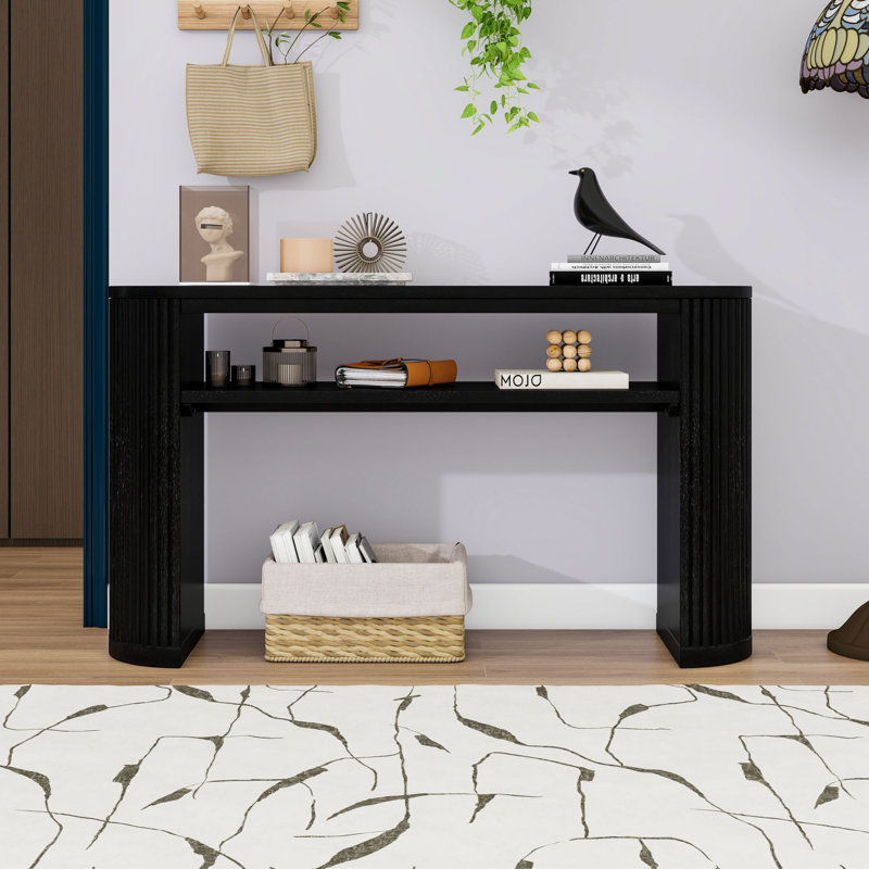 Console d'inspiration rétro avec plateau et tablette en placage de frêne, Noir