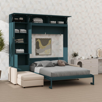 Queen Size Murphy Wall Bed With Sofa And Built-In Shelving Units