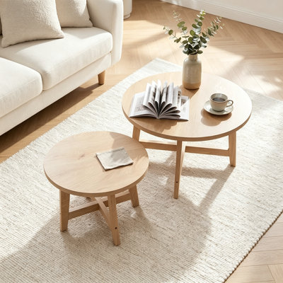 Set of 2 Round Nesting Coffee Tables, Natural Wood Finish Modern Side Tables, X-Shaped Frame Stackable End Tables for Living Room, Bedroom, Balcony