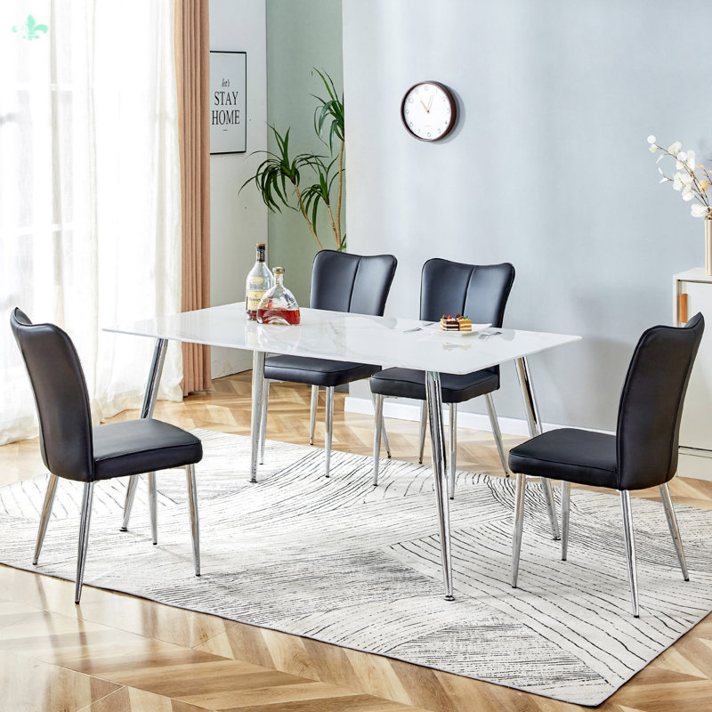 Dining Table Set For Rectangular Table With 4 PU Chairs, 5 Piece Dining Set