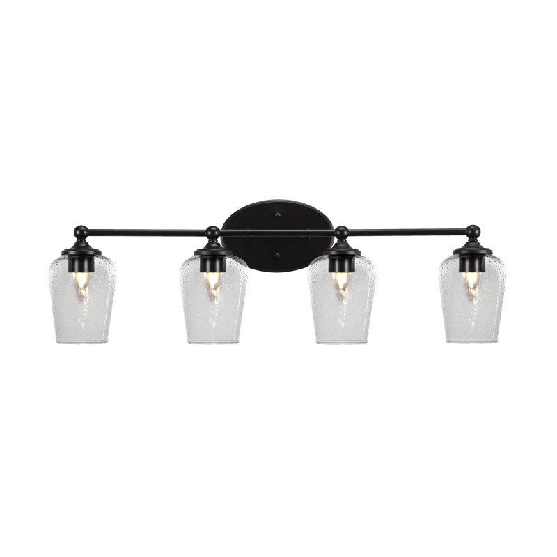 Capri 4 Light Bath Bar Shown In Matte Black Finish With 5" Clear Bubble Glass, Seeded