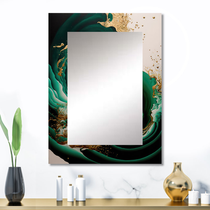 Emeraude vert et or abstrait vagues IV - grand miroir spirales abstraites, miroir mural décoratif vert, art imprimé en métal