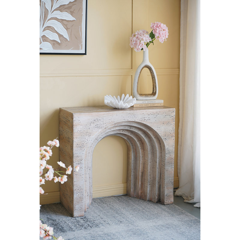Console 32,3 x 14,2 x 29,9 arquée moderne avec finition en faux travertin beige, légère et durable
