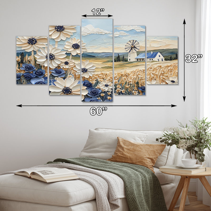 «White Blue Windmills Floral Fields III - Windmills», ensemble de reproductions d'art mural